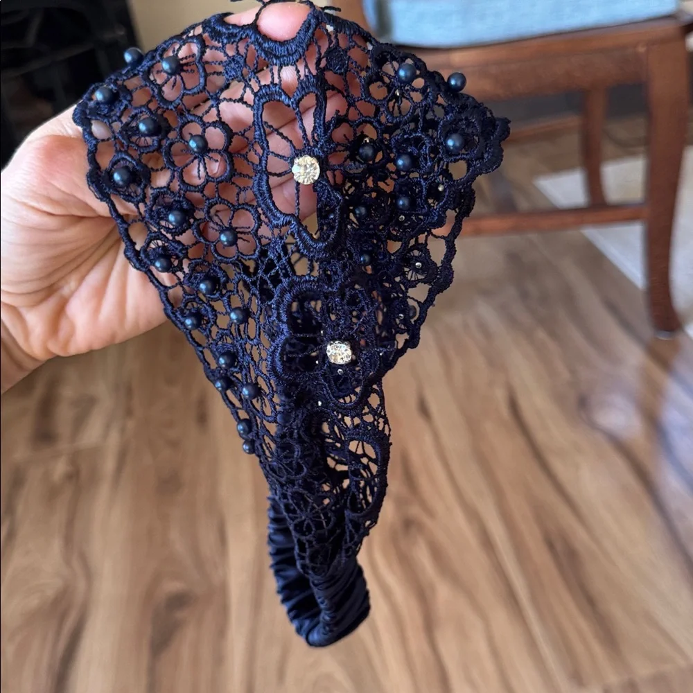 Elegant Navy Blue Beaded Lace Headband